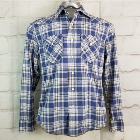 American Eagle S Blue Plaid Snap Closure Shirt - Picture 12 of 12